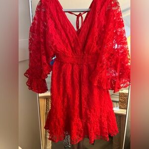 NEW Bohee Wohee Red Lace Flutter Sleeve Mini Lined Dress Medium